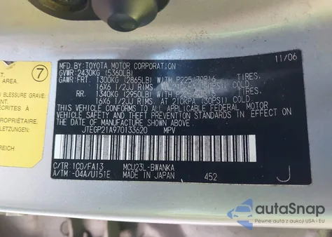 2007 Toyota Highlander V6 z USA, uszkodzony, nr VIN JTEGP21A970133620